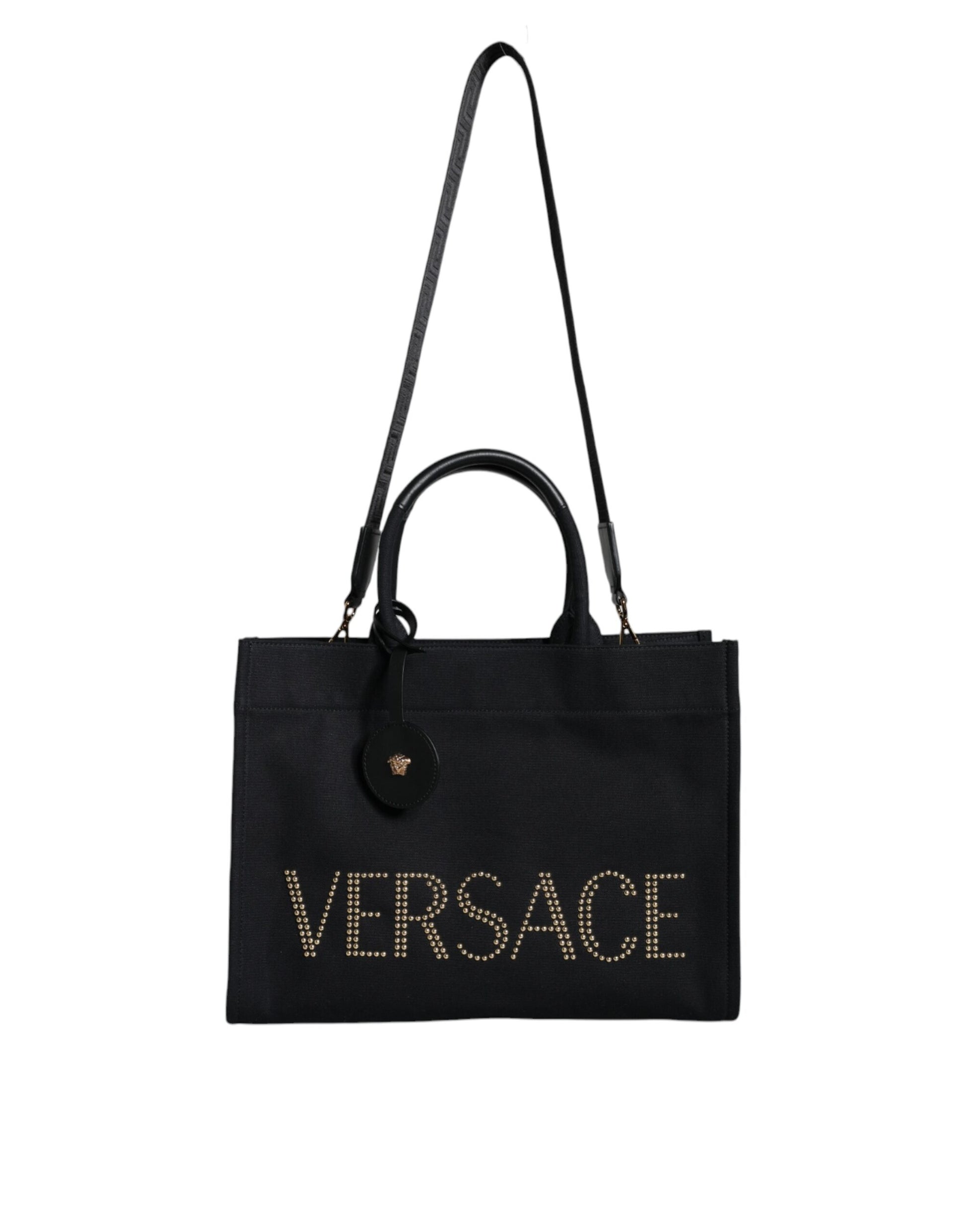 Borsa Tote Media Versace in Tela Nera, Dettagli in Lana e Pelle