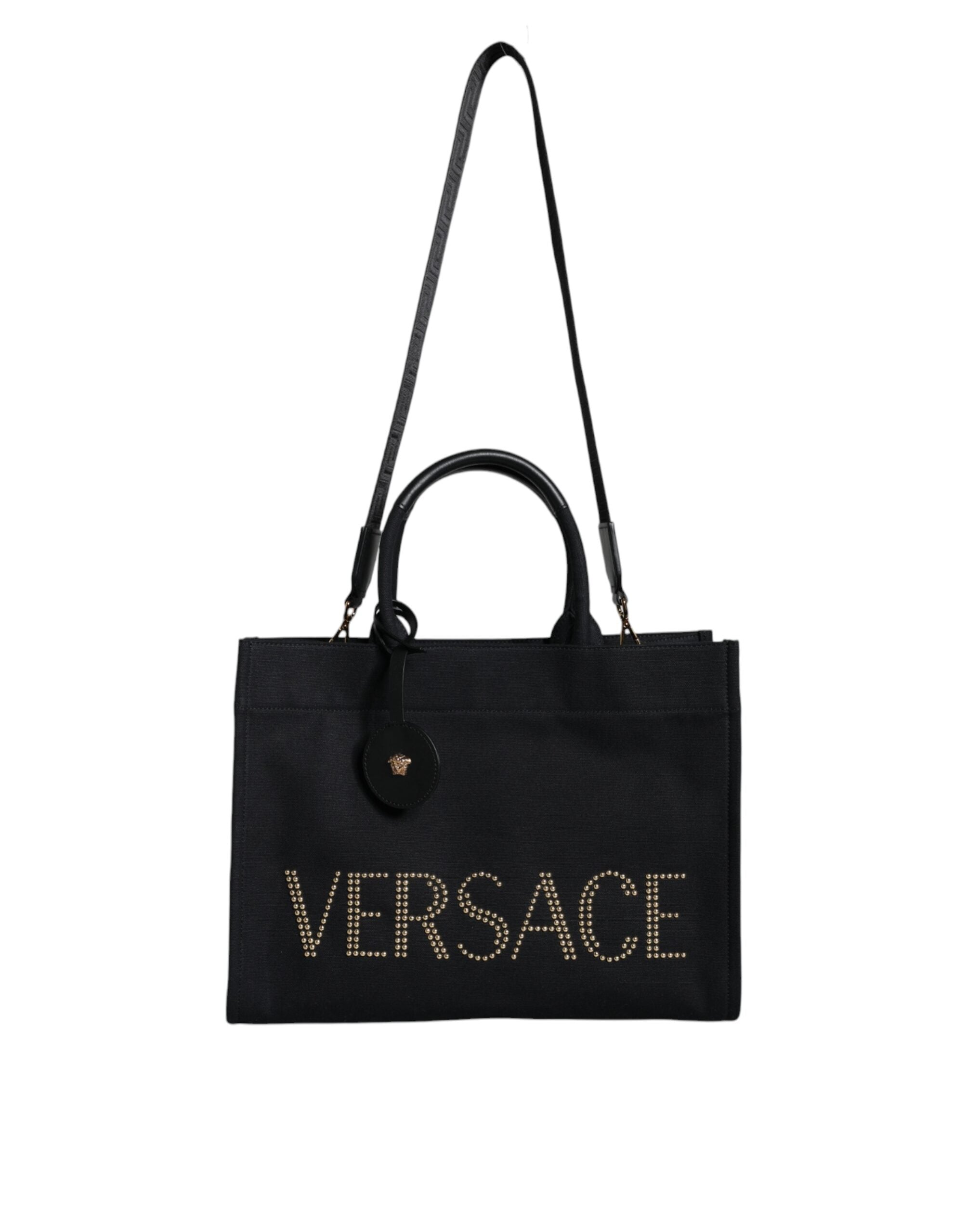 Borsa Tote Media Versace in Tela Nera, Dettagli in Lana e Pelle