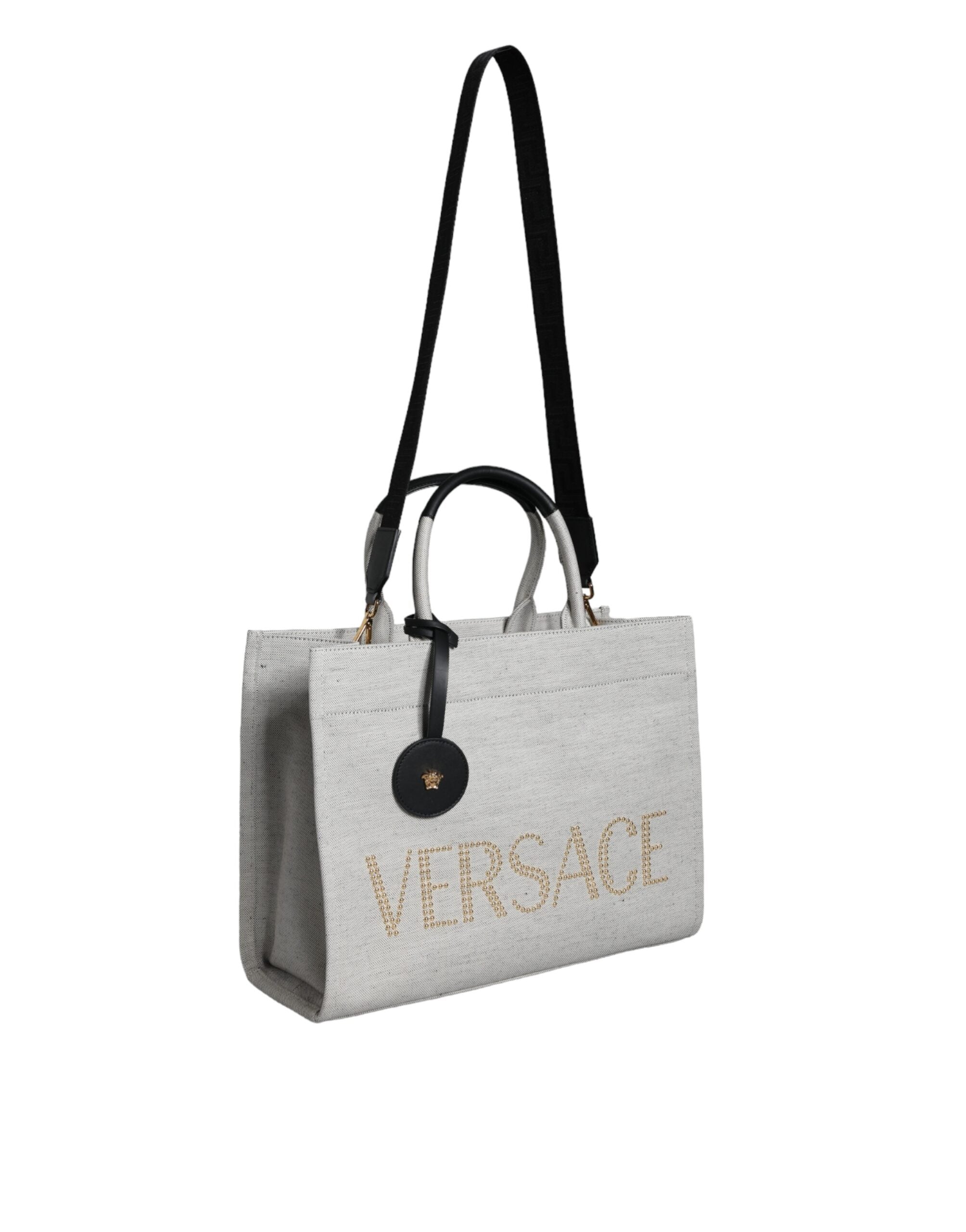 Borsa Tote Versace in Lana e Pelle Bianca, Tracolla 99cm