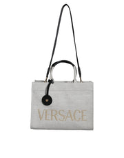 Borsa Tote Versace in Lana e Pelle Bianca, Tracolla 99cm