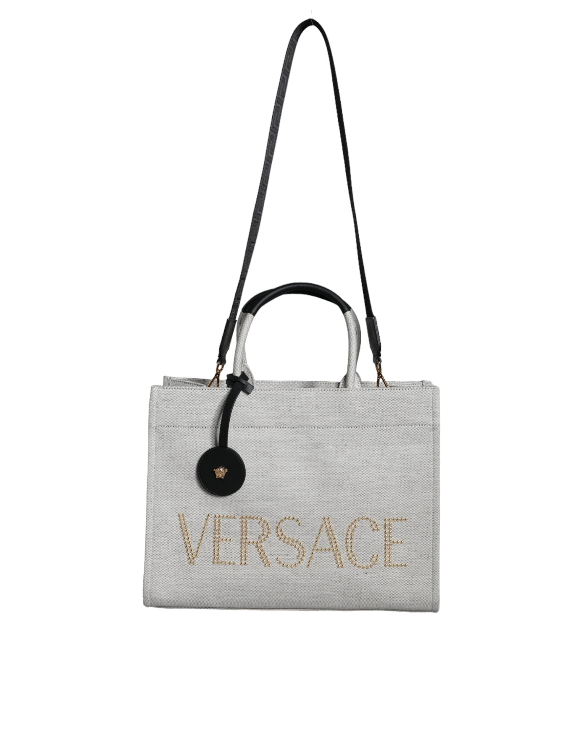 Borsa Tote Versace in Lana e Pelle Bianca, Tracolla 99cm
