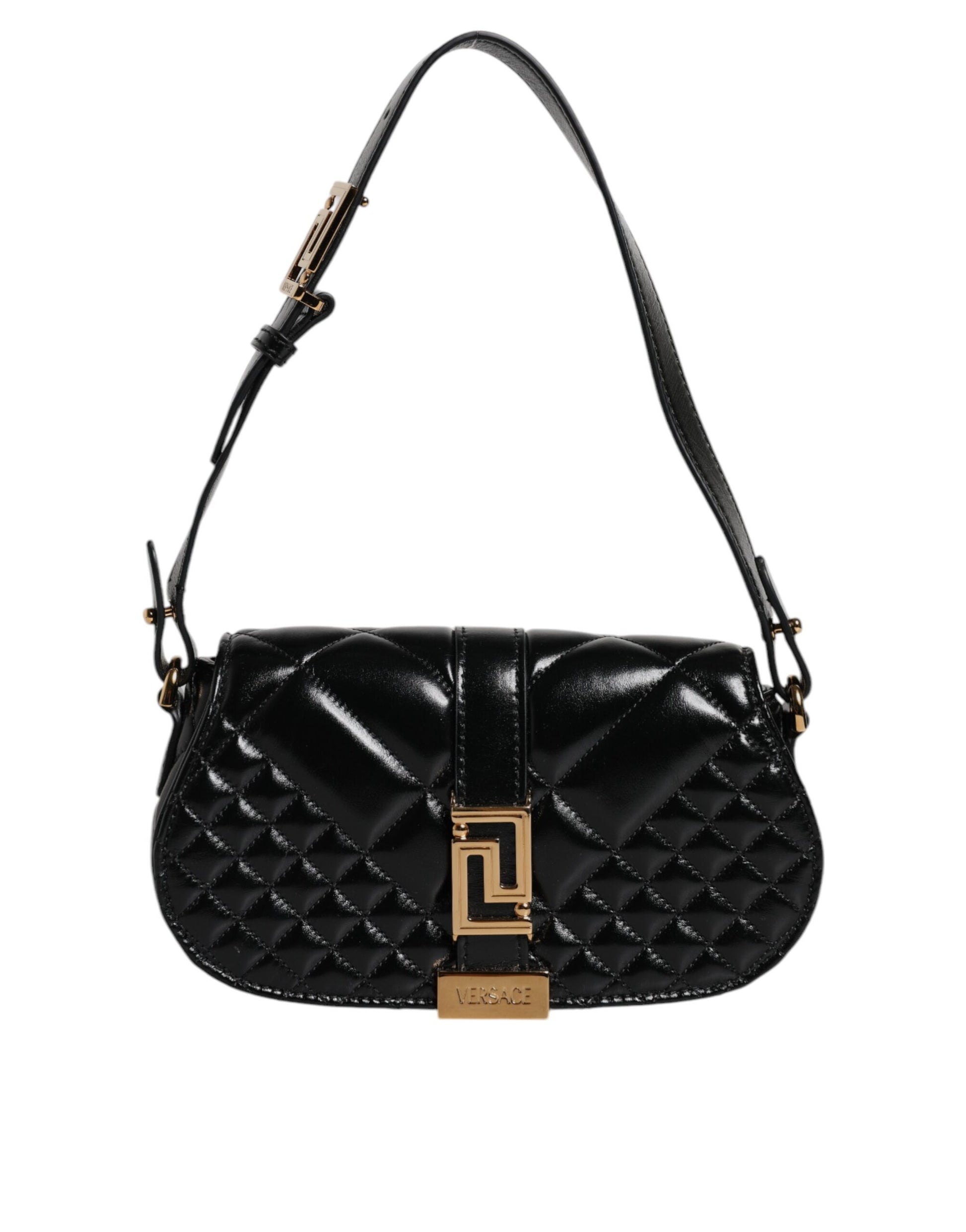Borsa a Spalla Versace Quilted in Pelle di Vitello Nera, Tracolla Regolabile 53cm
