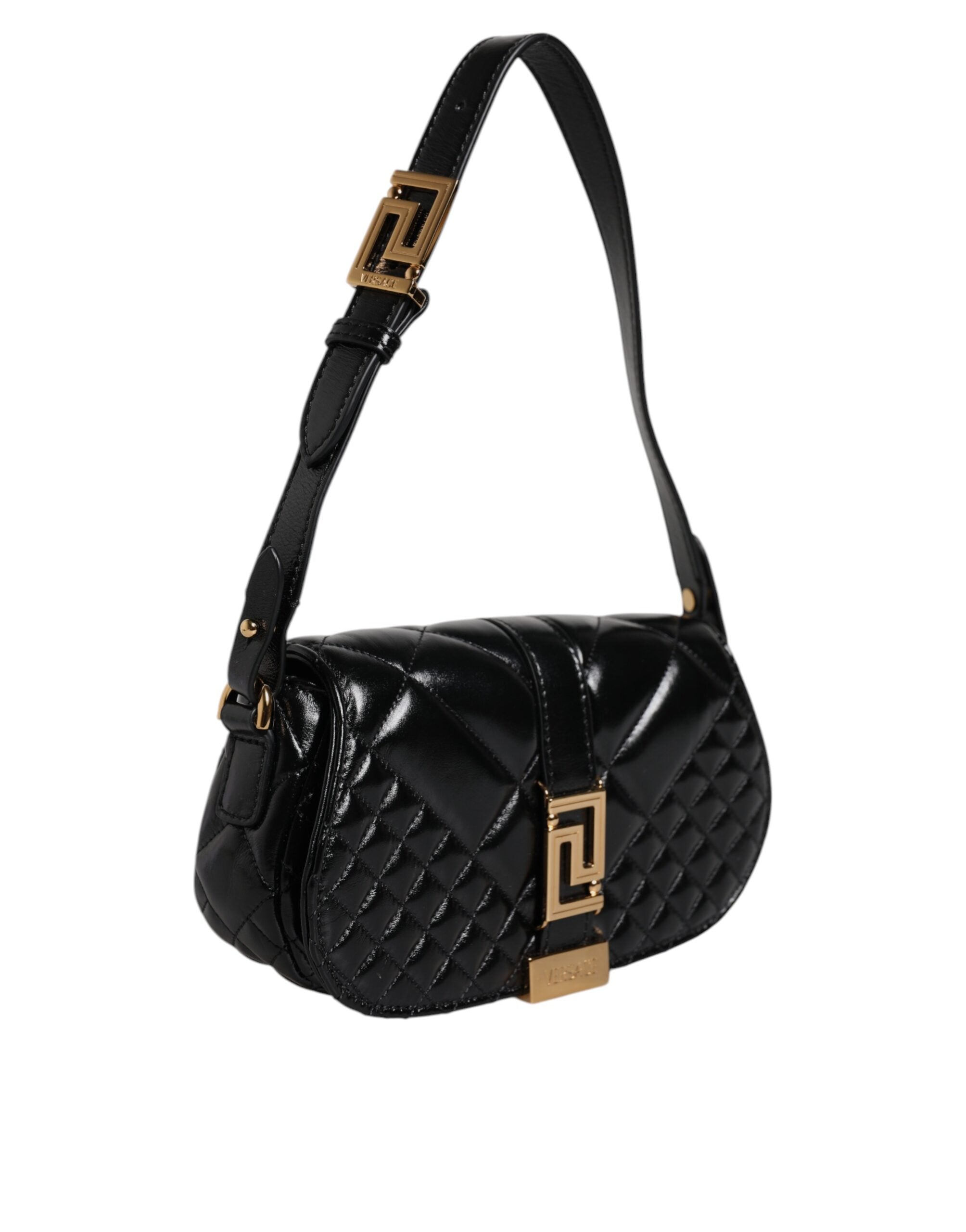 Borsa a Spalla Versace Quilted in Pelle di Vitello Nera, Tracolla Regolabile 53cm