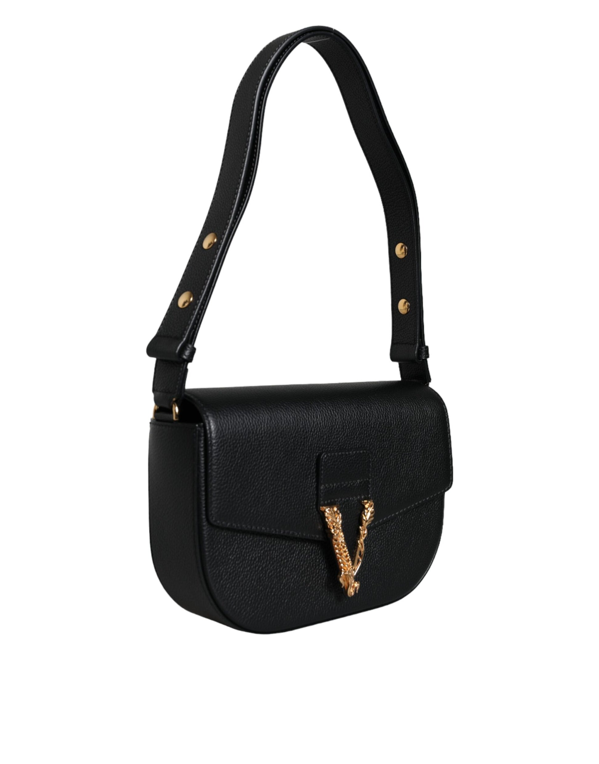 Borsa a Spalla Versace in Pelle di Vitello Nera, Tracolla Regolabile 60cm