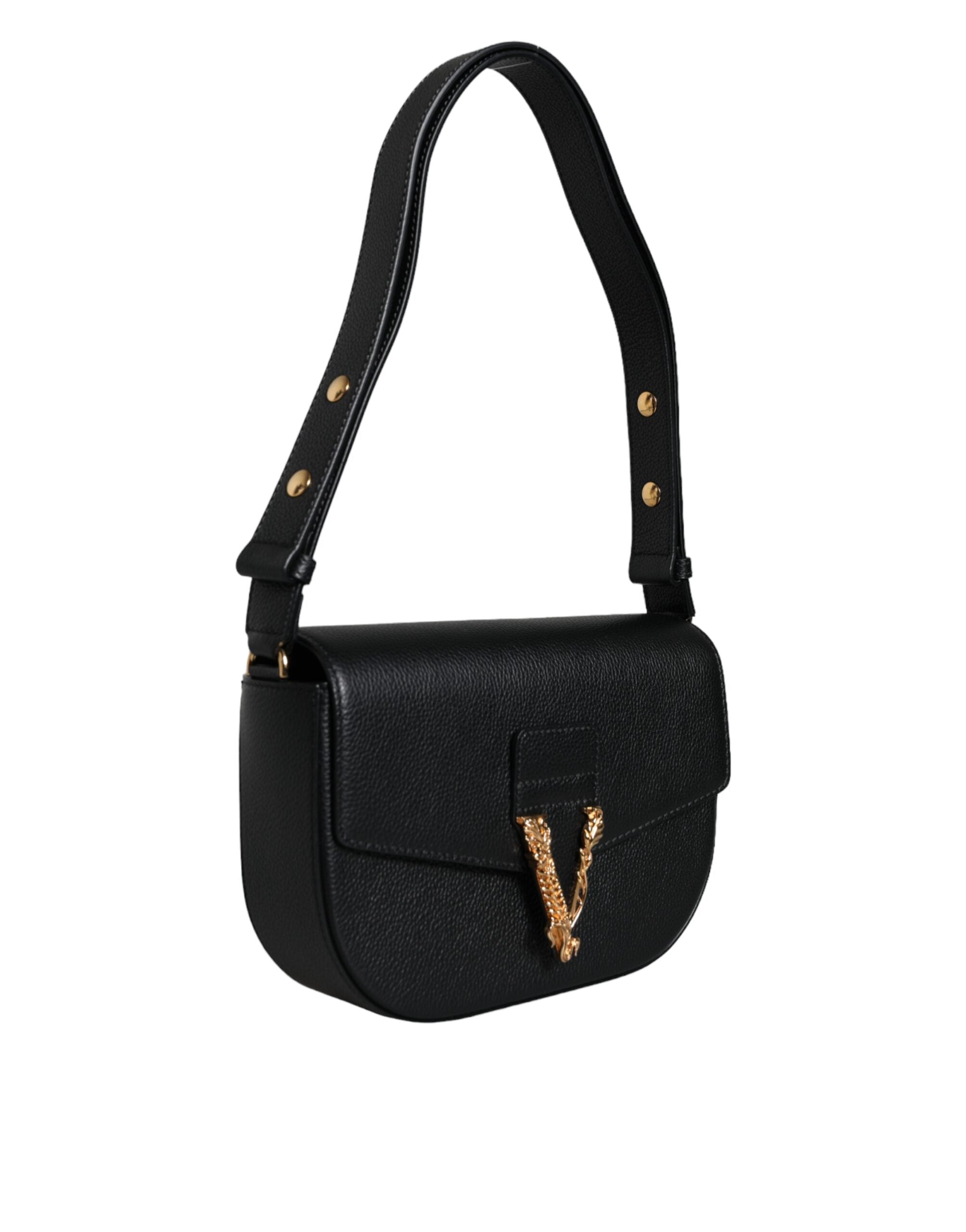 Borsa a Spalla Versace in Pelle di Vitello Nera, Tracolla Regolabile 60cm