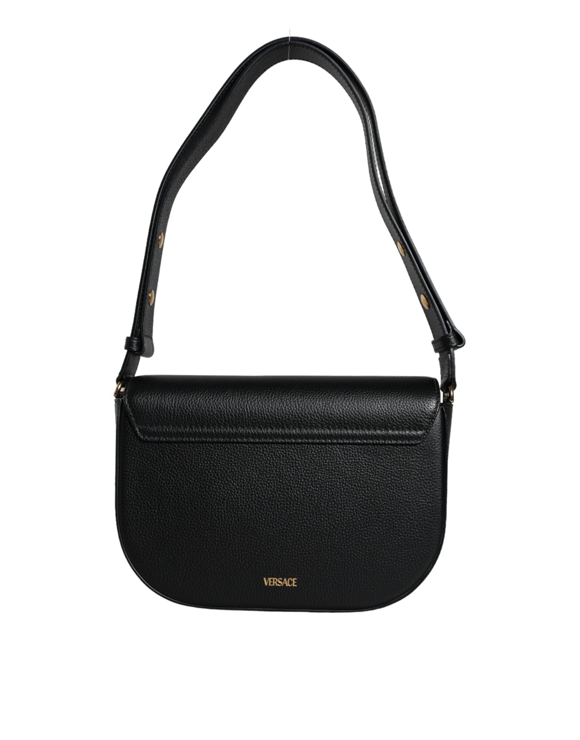Borsa a Spalla Versace in Pelle di Vitello Nera, Tracolla Regolabile 60cm