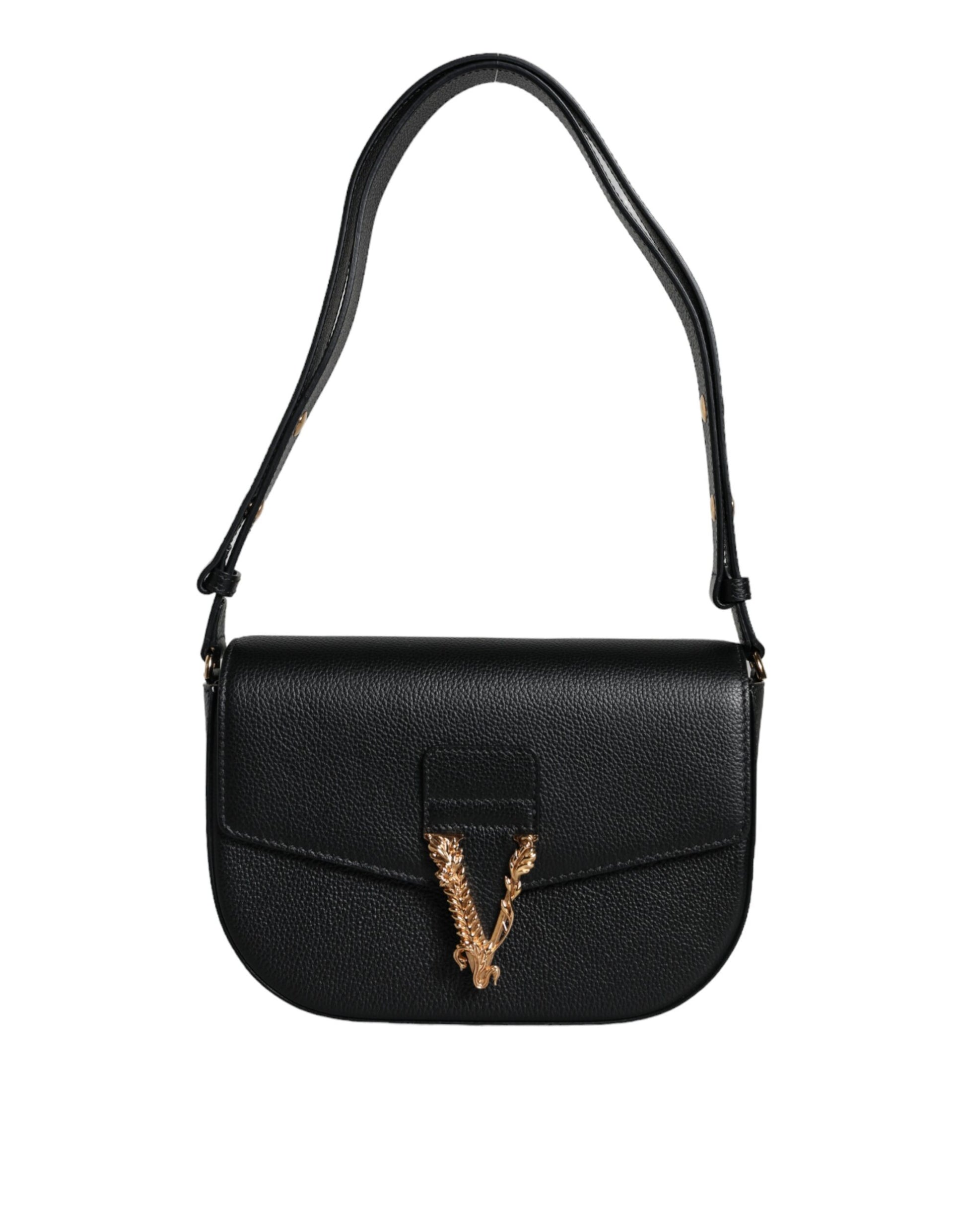 Borsa a Spalla Versace in Pelle di Vitello Nera, Tracolla Regolabile 60cm