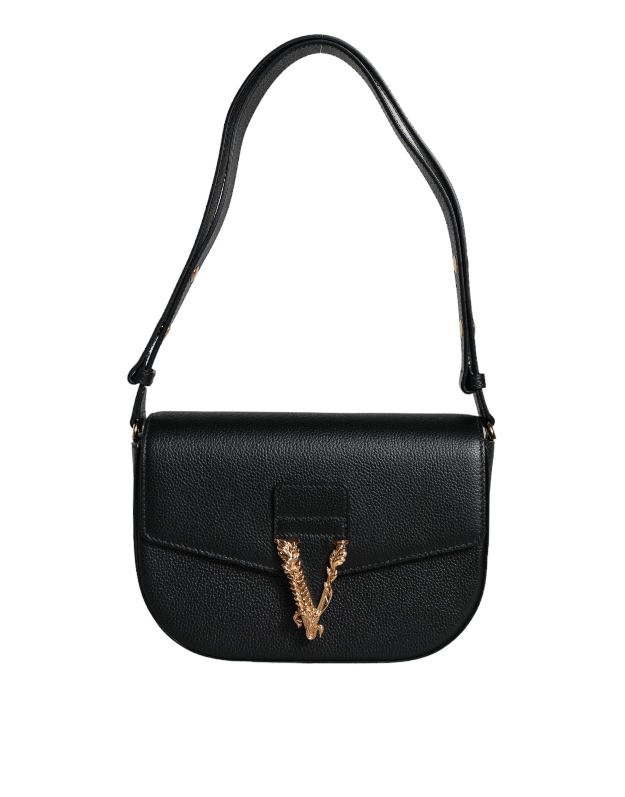 Borsa a Spalla Versace in Pelle di Vitello Nera, Tracolla Regolabile 60cm
