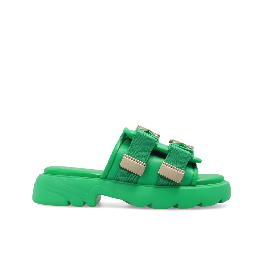 Bottega Veneta Slides Donna Bicolore in Nylon, Dettagli in Pelle