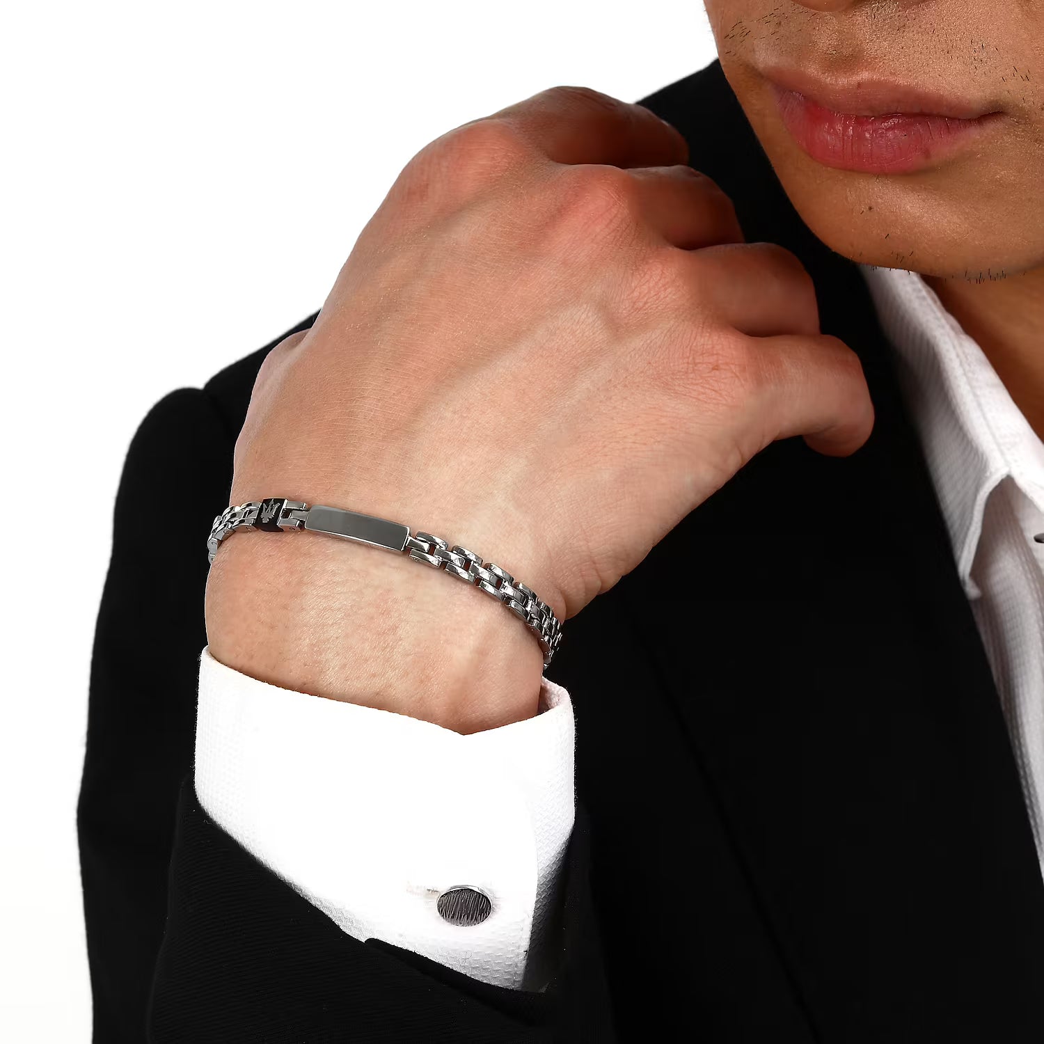 Bracciale Maserati Iconic in Acciaio con Tridente Blu e Targhetta Centrale