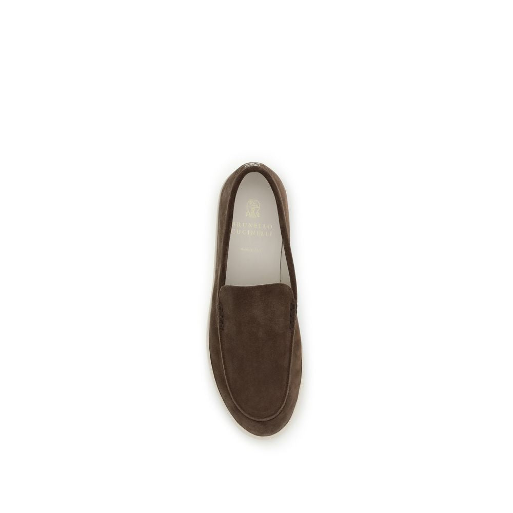 Brunello Cucinelli Mocassini Slip-On in Suede Marrone, Suola in Gomma a Contrasto