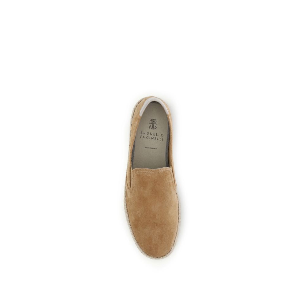 Brunello Cucinelli Sneakers Slip-On in Suede Beige con Suola in Rafia