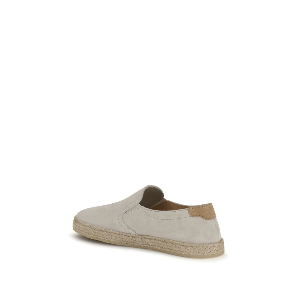 Brunello Cucinelli Sneakers Slip-On in Suede Grigio con Suola in Rafia