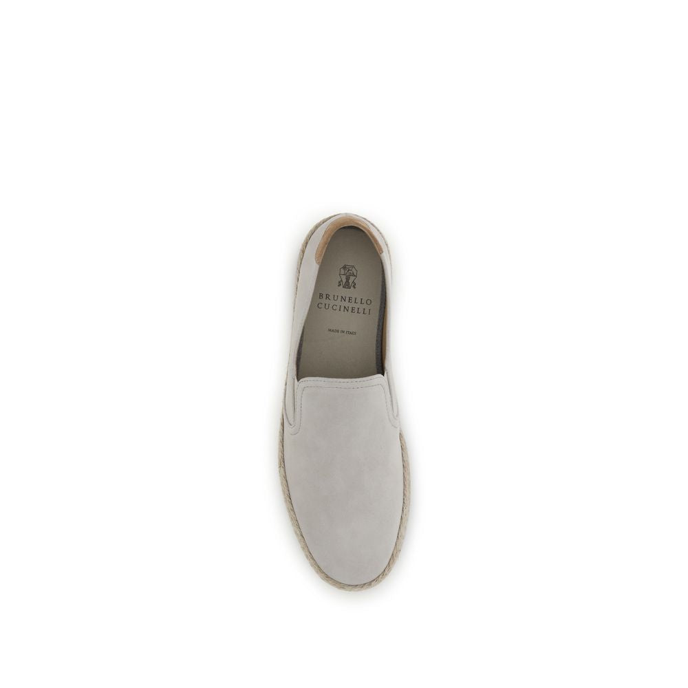 Brunello Cucinelli Sneakers Slip-On in Suede Grigio con Suola in Rafia