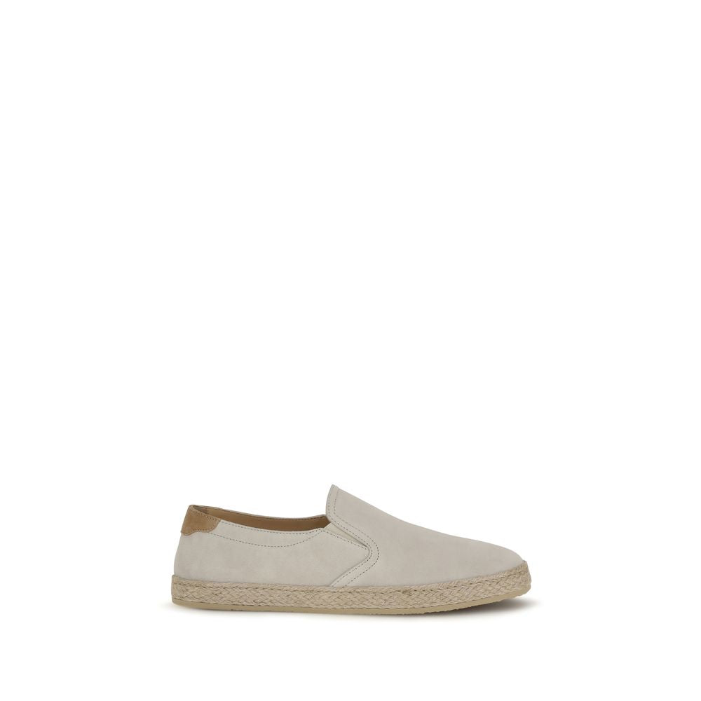 Brunello Cucinelli Sneakers Slip-On in Suede Grigio con Suola in Rafia