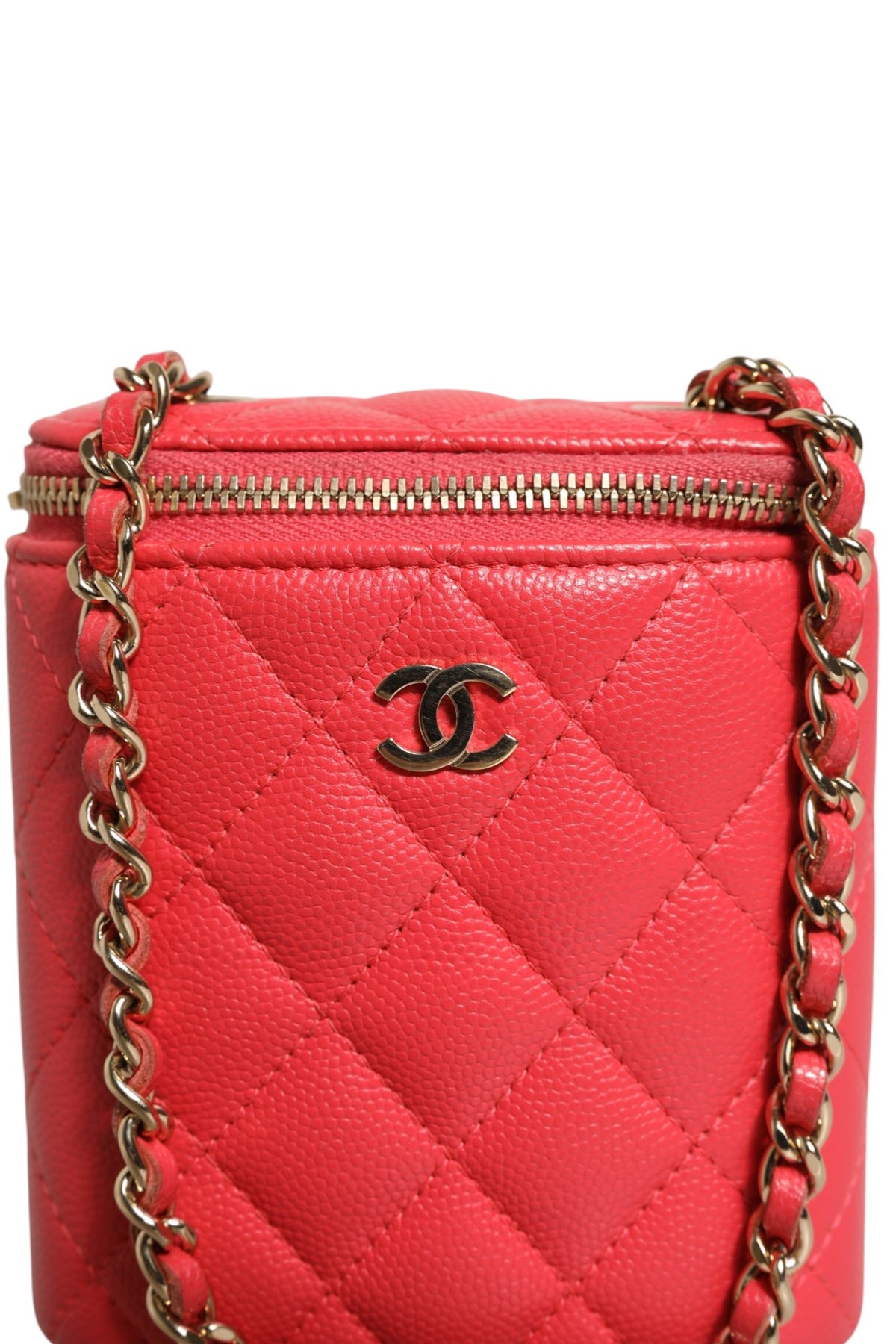Chanel Red Caviar Quilted Small Vertical Coco Beauty Vanity Case with Chain