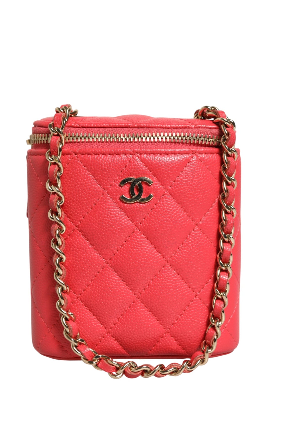 Chanel Red Caviar Quilted Small Vertical Coco Beauty Vanity Case with Chain