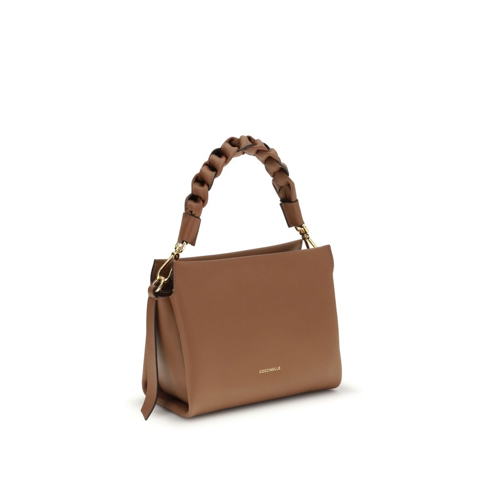 Coccinelle Boheme Borsa a Spalla in Pelle Martellata Beige Manico Intrecciato