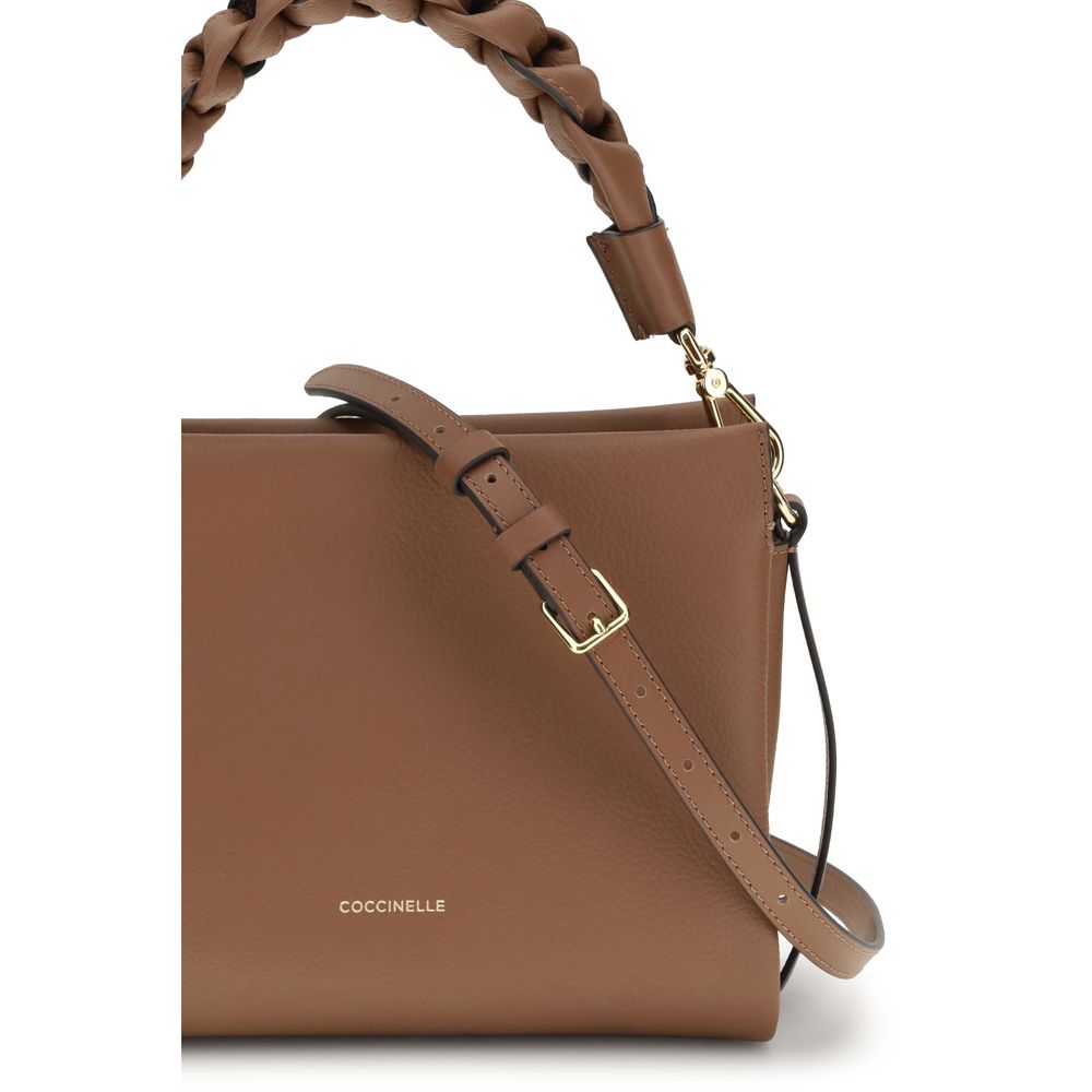 Coccinelle Boheme Borsa a Spalla in Pelle Martellata Beige Manico Intrecciato