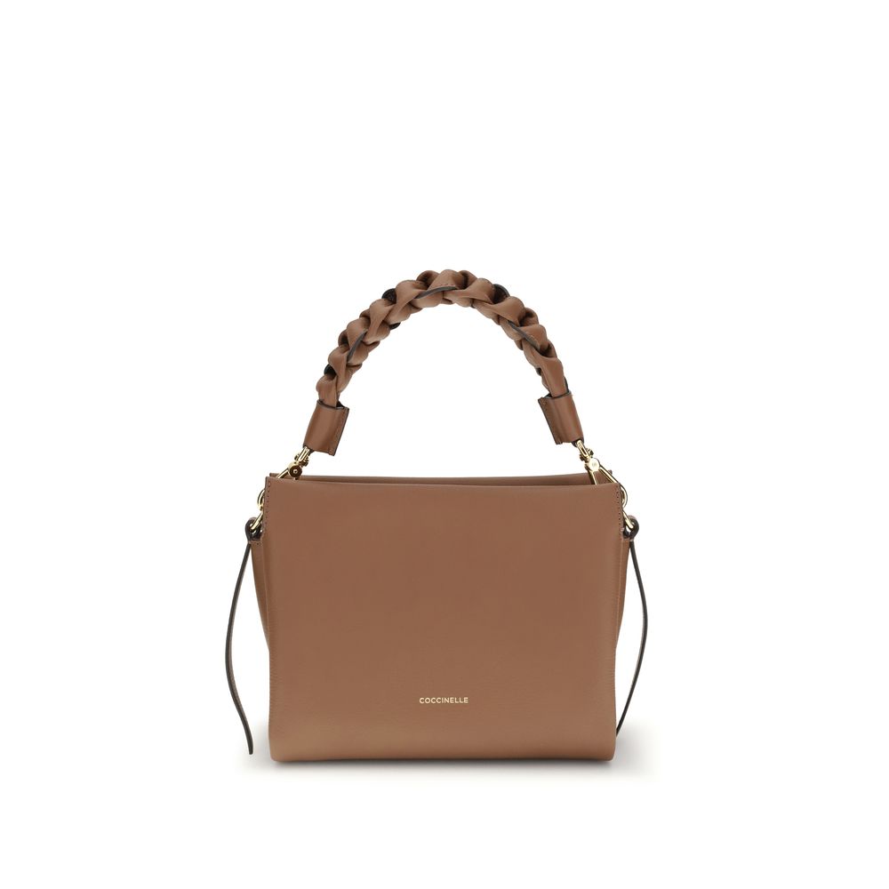 Coccinelle Boheme Borsa a Spalla in Pelle Martellata Beige Manico Intrecciato