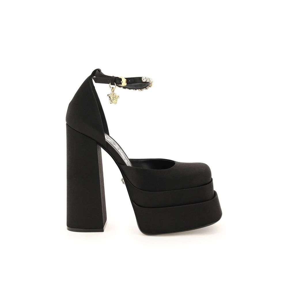 Décolleté Platform Versace in Seta Nera, Cristalli e Medusa Charm