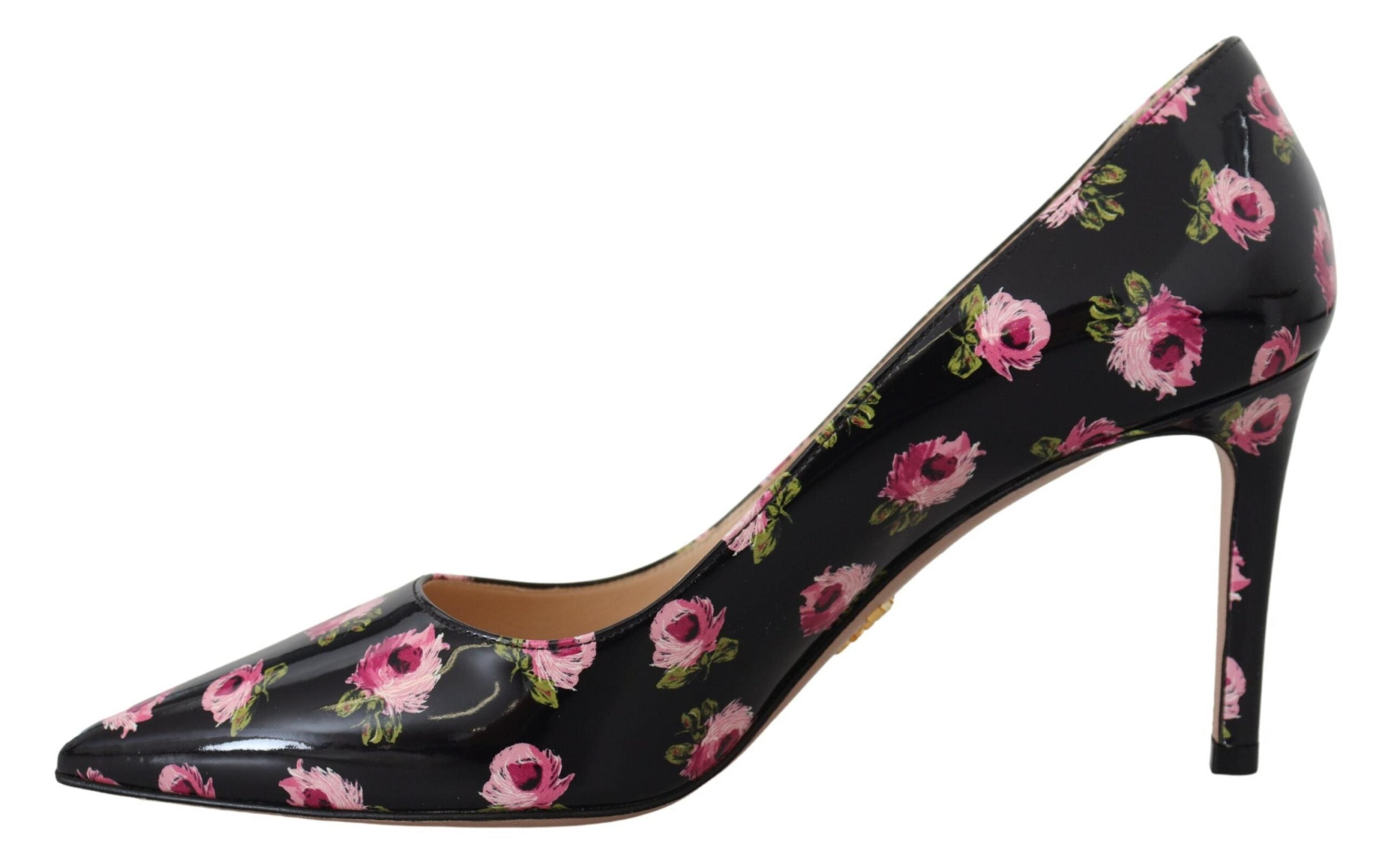 Décolleté Prada Tacco Alto in Pelle Nera con Stampa Floreale Rosa