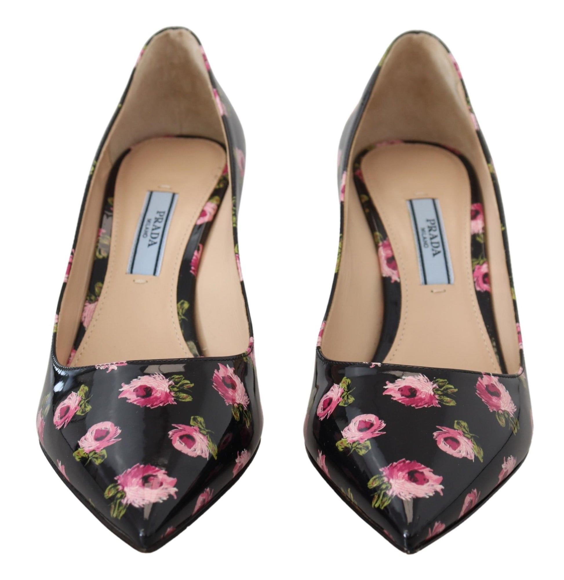 Décolleté Prada Tacco Alto in Pelle Nera con Stampa Floreale Rosa