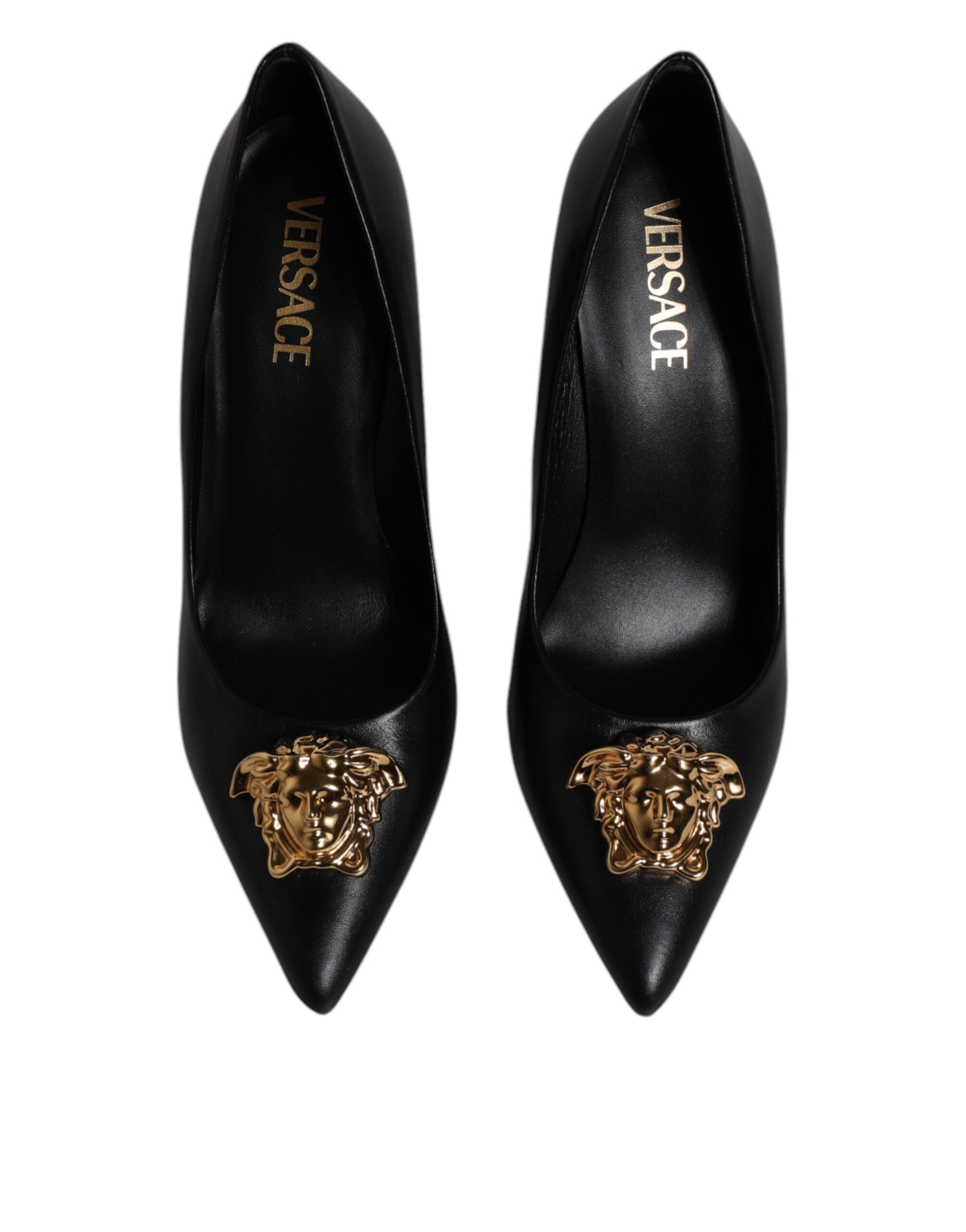 Décolleté Versace Tacco Alto in Pelle Nera, Placca Logo Gold