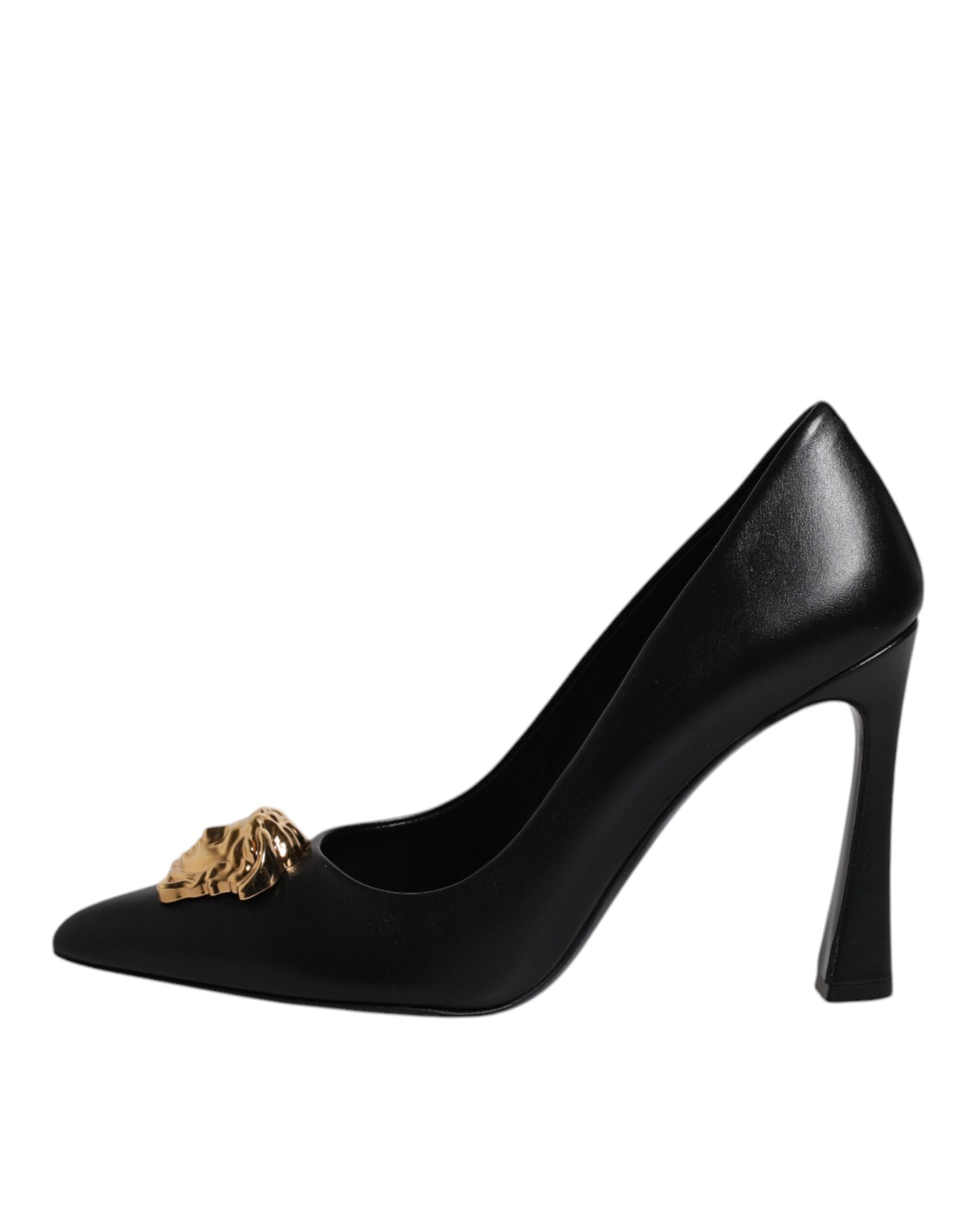 Décolleté Versace Tacco Alto in Pelle Nera, Placca Logo Gold