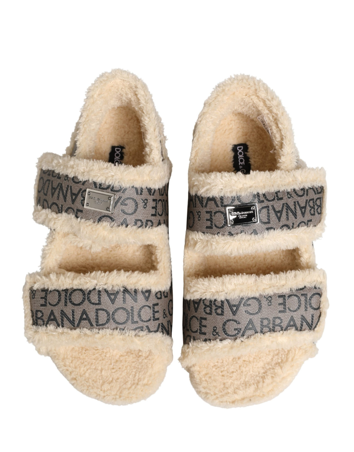 Dolce & Gabbana Beige Faux Fur Logo Print Flats Sandals Shoes