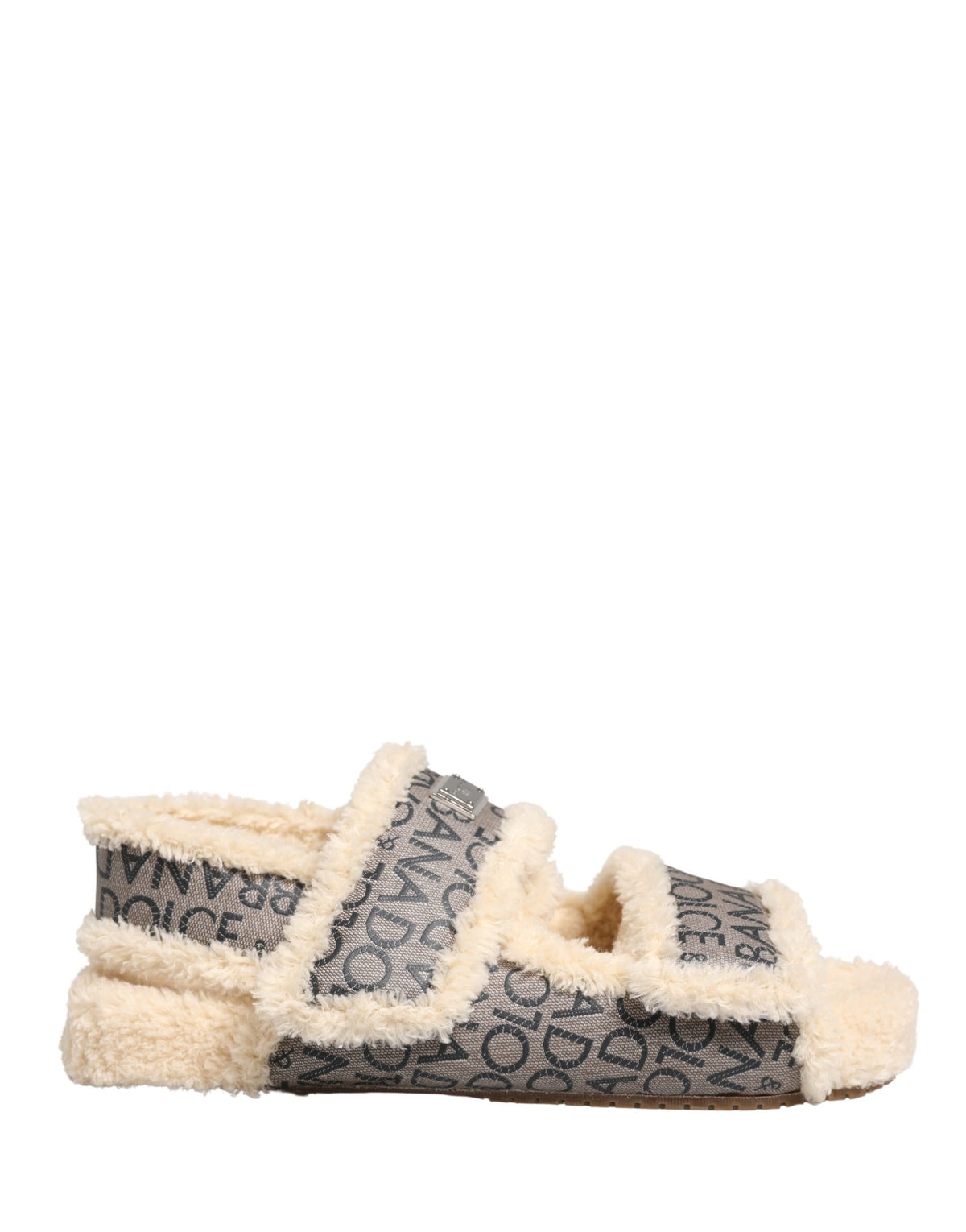 Dolce & Gabbana Beige Faux Fur Logo Print Flats Sandals Shoes