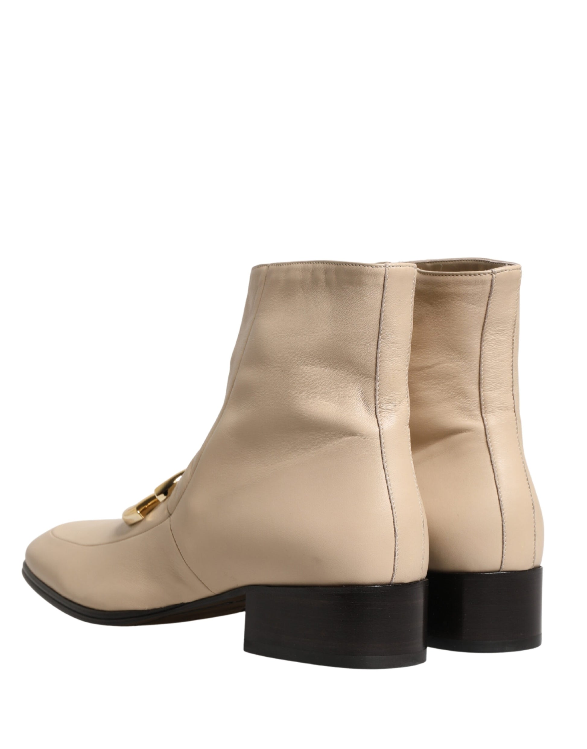 Dolce & Gabbana Beige Leather Logo Plaque Ankle Boots Shoes