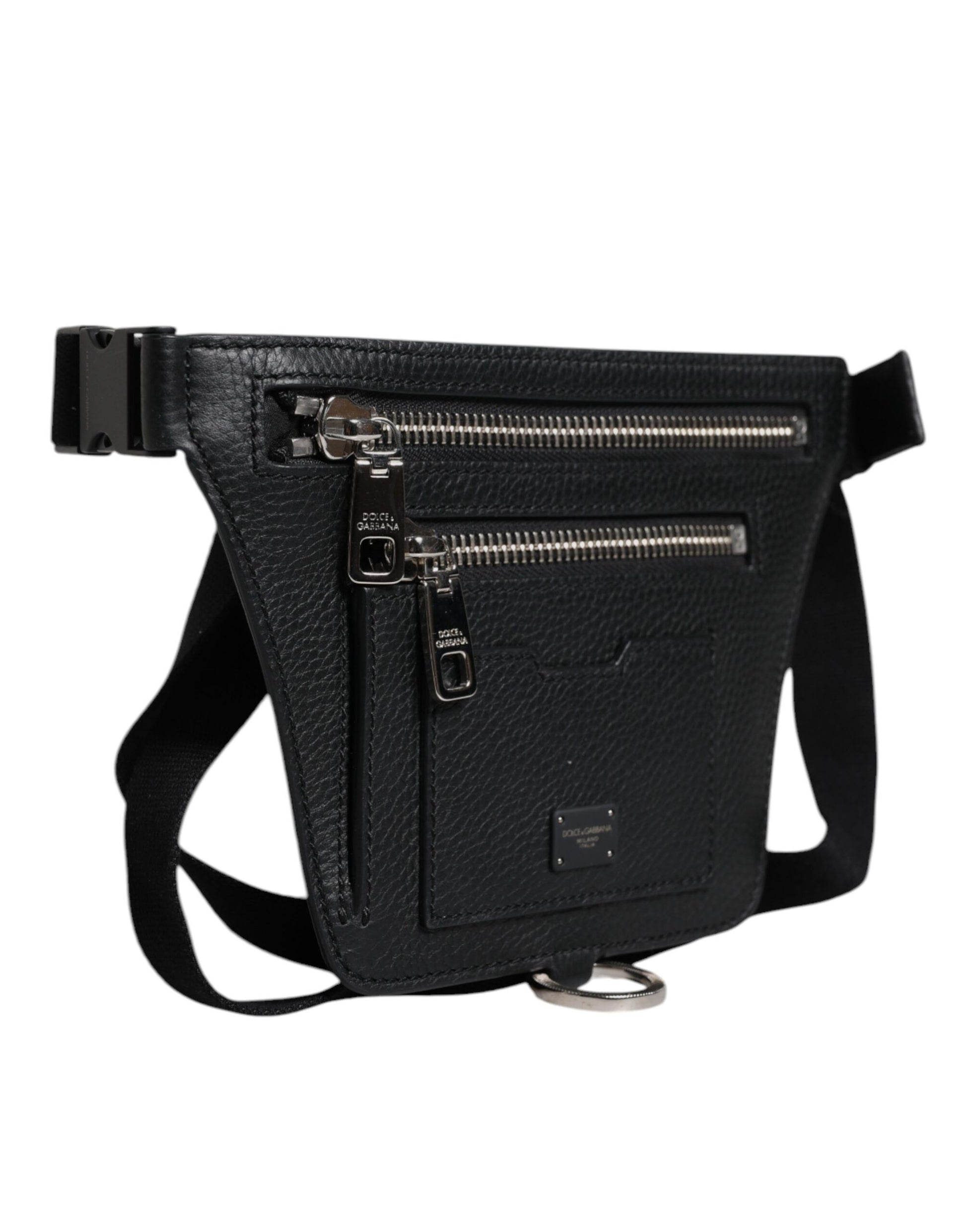 Dolce & Gabbana Black Calfskin Logo Plaque Belt Waist Men Fanny Pack Bag