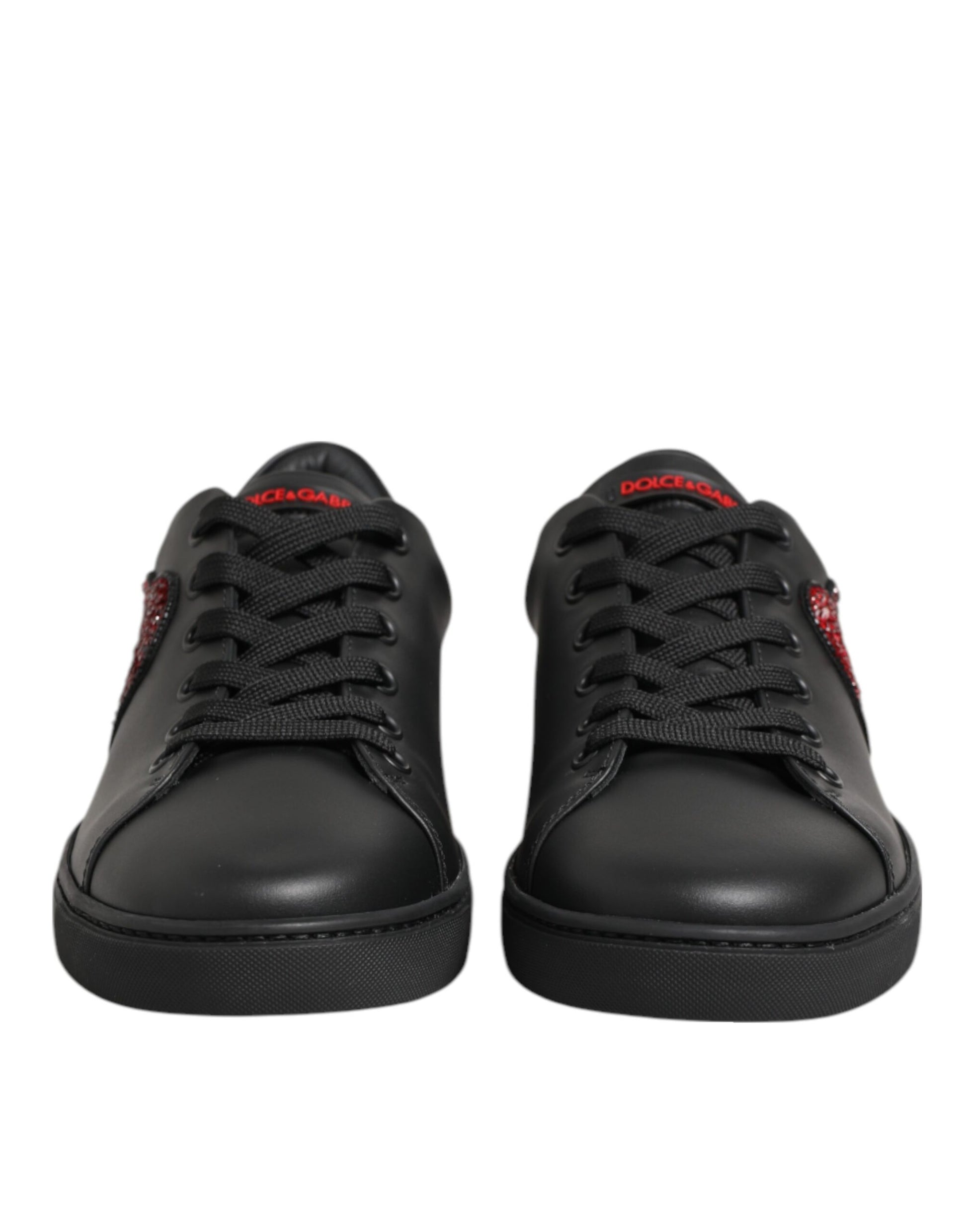 Dolce & Gabbana Black Leather Crystal Heart Low Top Sneakers Shoes