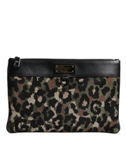 Dolce & Gabbana Multicolor Leopard Jacquard Print Logo Plaque Pouch Bag
