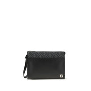 Fendi Pouch in Pelle Nera e Canvas FF con Manico Cuff Removibile
