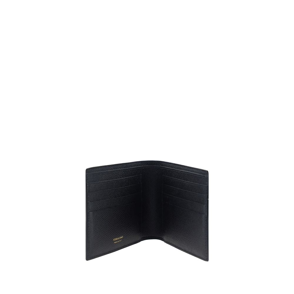 Ferragamo Gancini Plaque Bifold Wallet in Black Hammered Leather