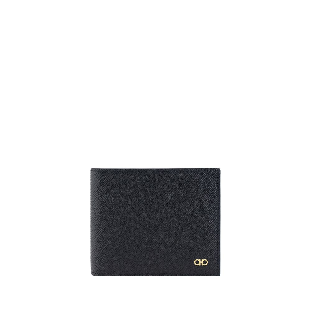Ferragamo Gancini Plaque Bifold Wallet in Black Hammered Leather
