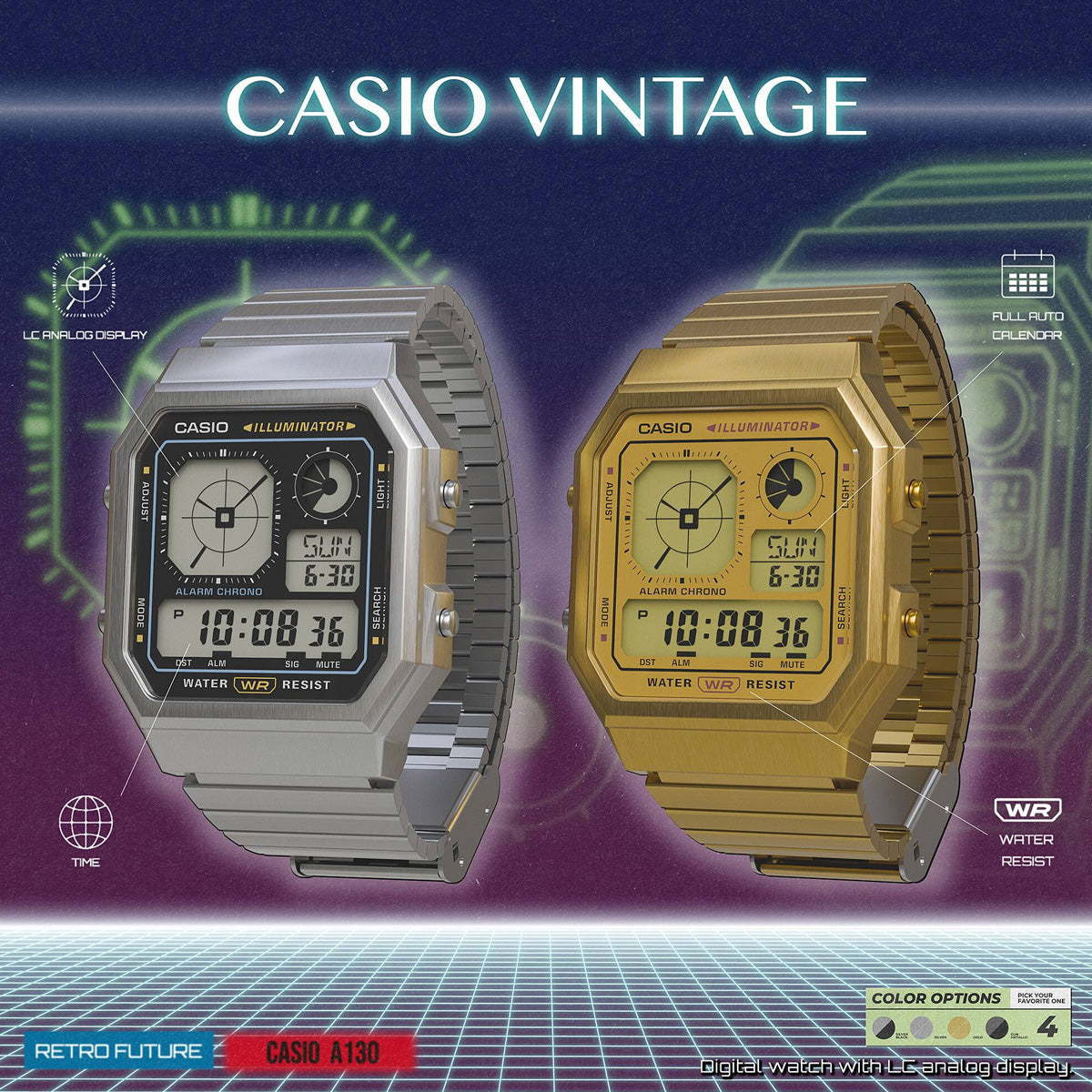 Orologio Casio A130WEG-9AEF Digitale Retrò Oro Quadrato