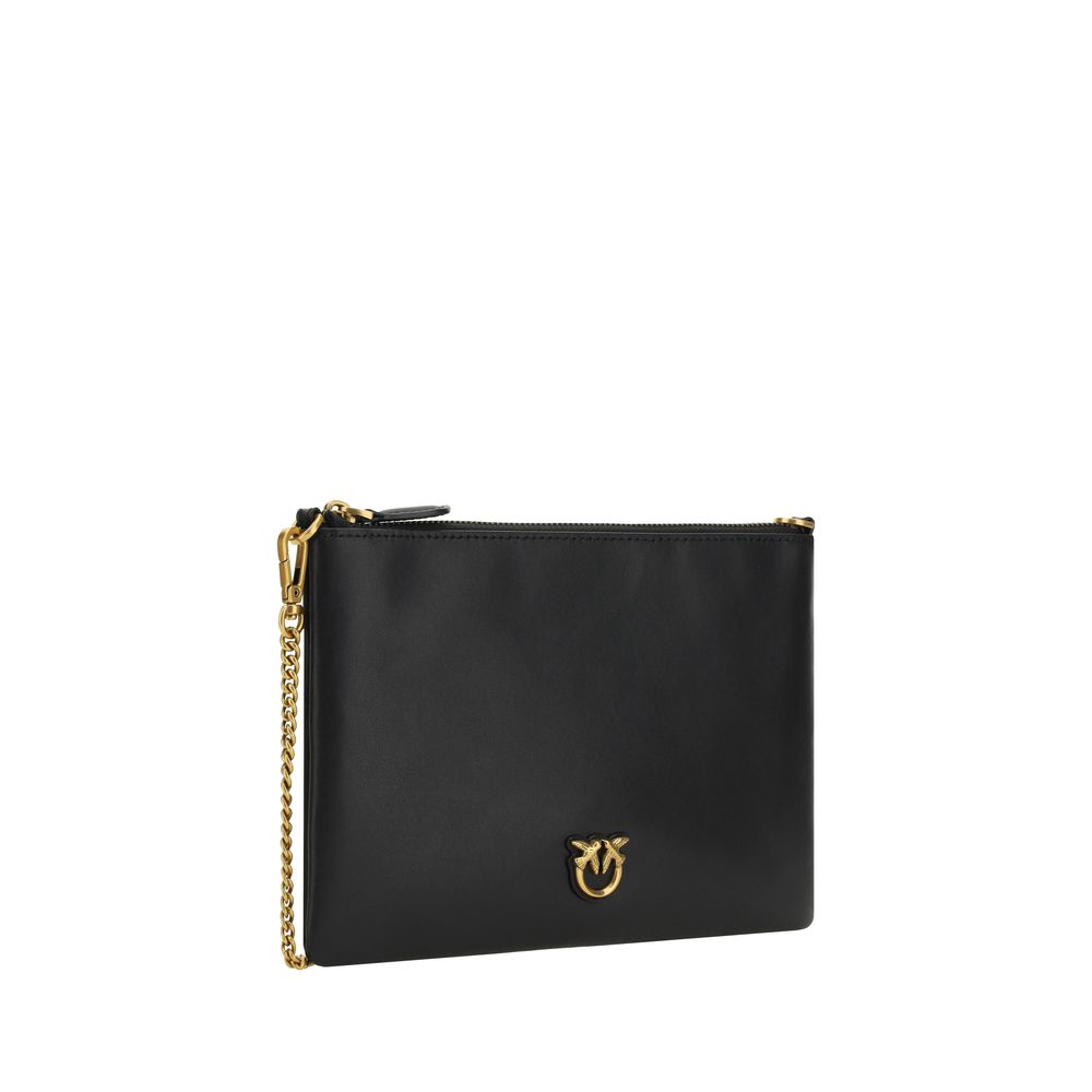 PINKO Borsa a Tracolla/Clutch in Pelle Nera Logo Placcato Oro