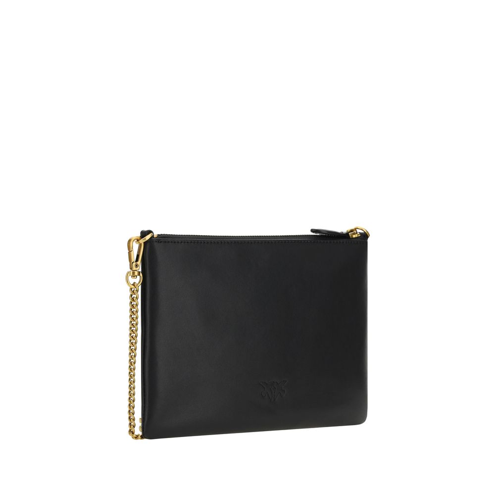 PINKO Borsa a Tracolla/Clutch in Pelle Nera Logo Placcato Oro