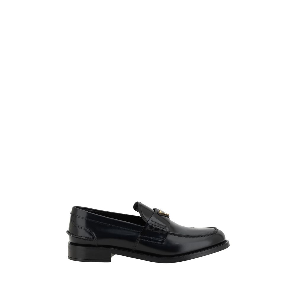 Prada Loafer Neri in Pelle con Tacco a Blocco e Logo Triangolo