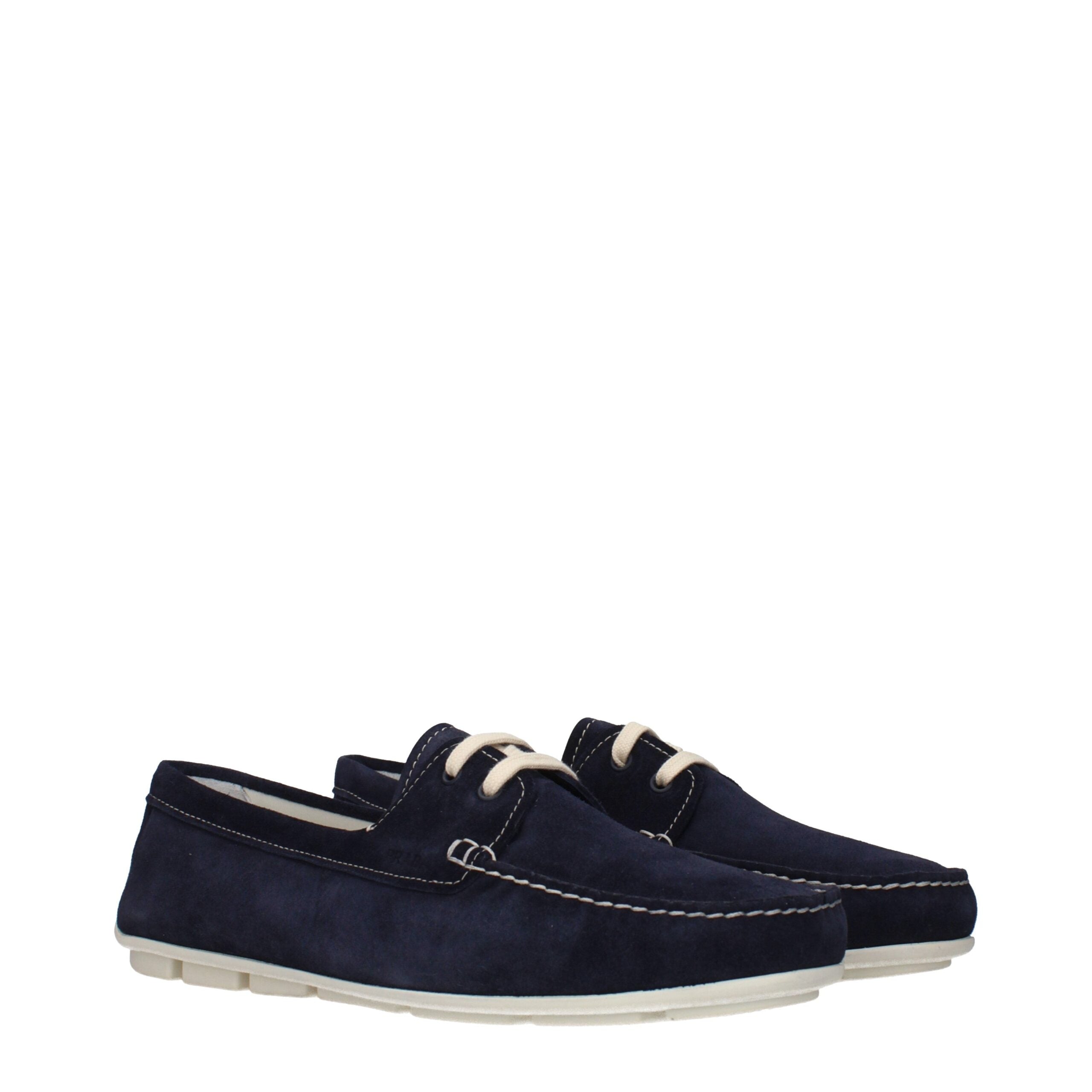 Prada Loafers Uomo in Suede Blu con Logo Laterale