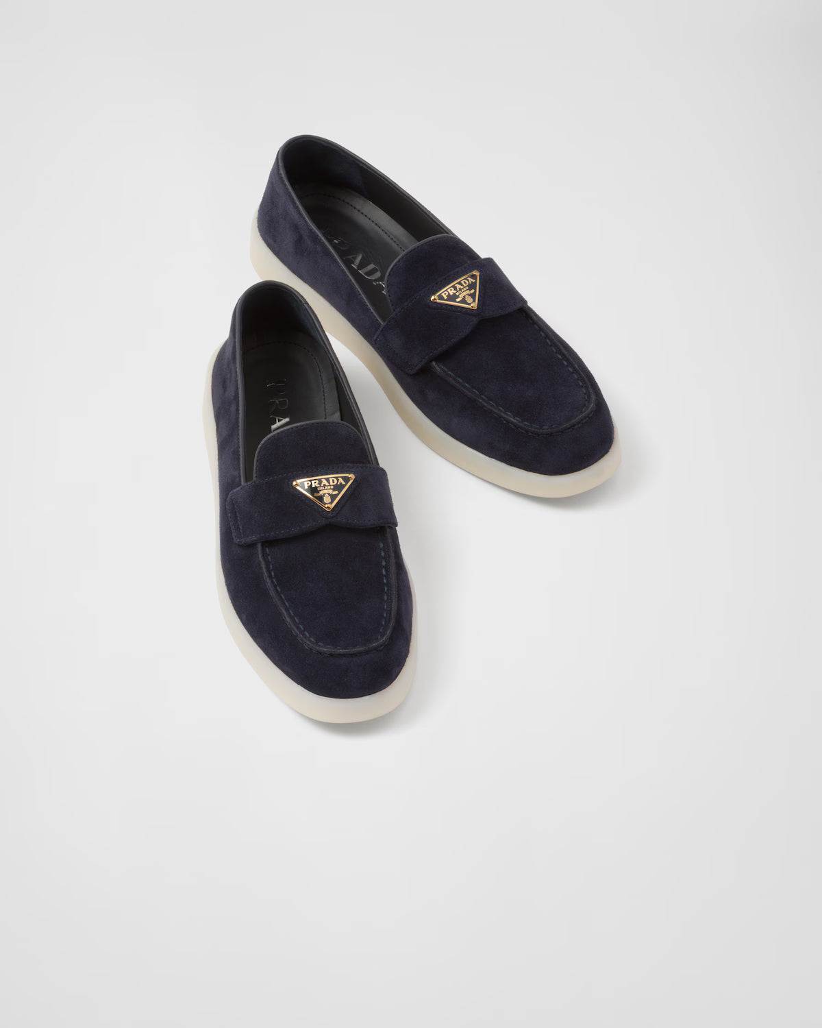 Prada Mocassini Blu in Camoscio con Logo Triangolo Iconico