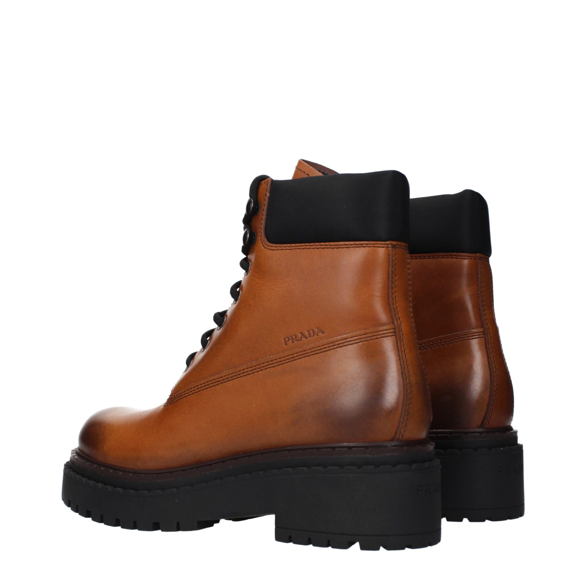 Prada Stivaletti Marroni in Pelle con Triplo Logo Effetto Invecchiato