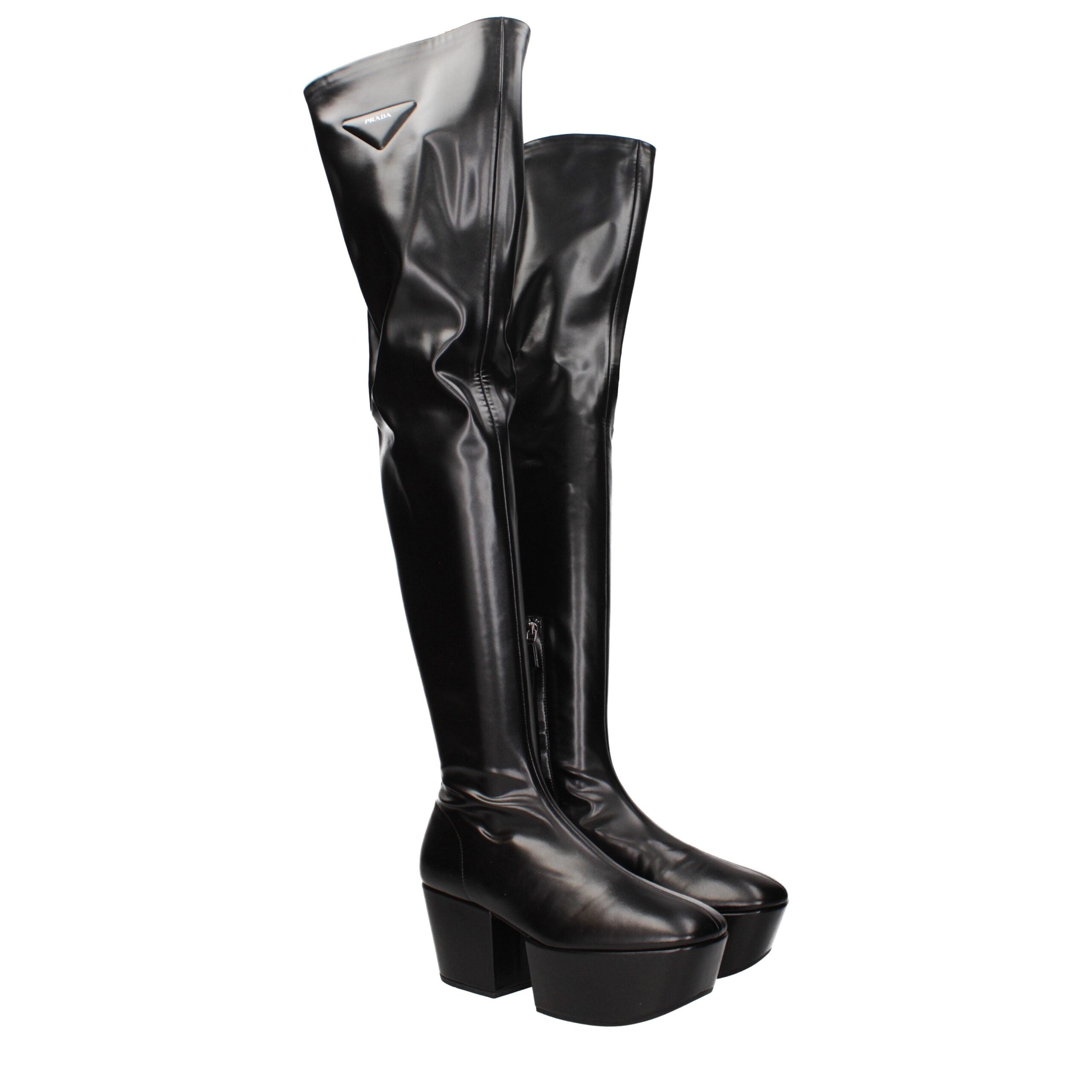 Prada Stivali Over The Knee Neri in Pelle Effetto Vintage