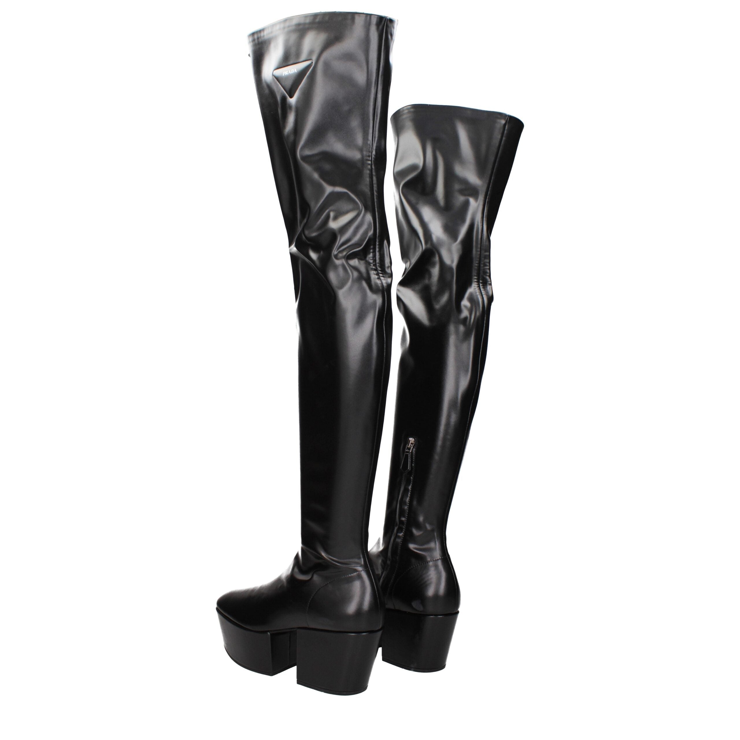 Prada Stivali Over The Knee Neri in Pelle Effetto Vintage