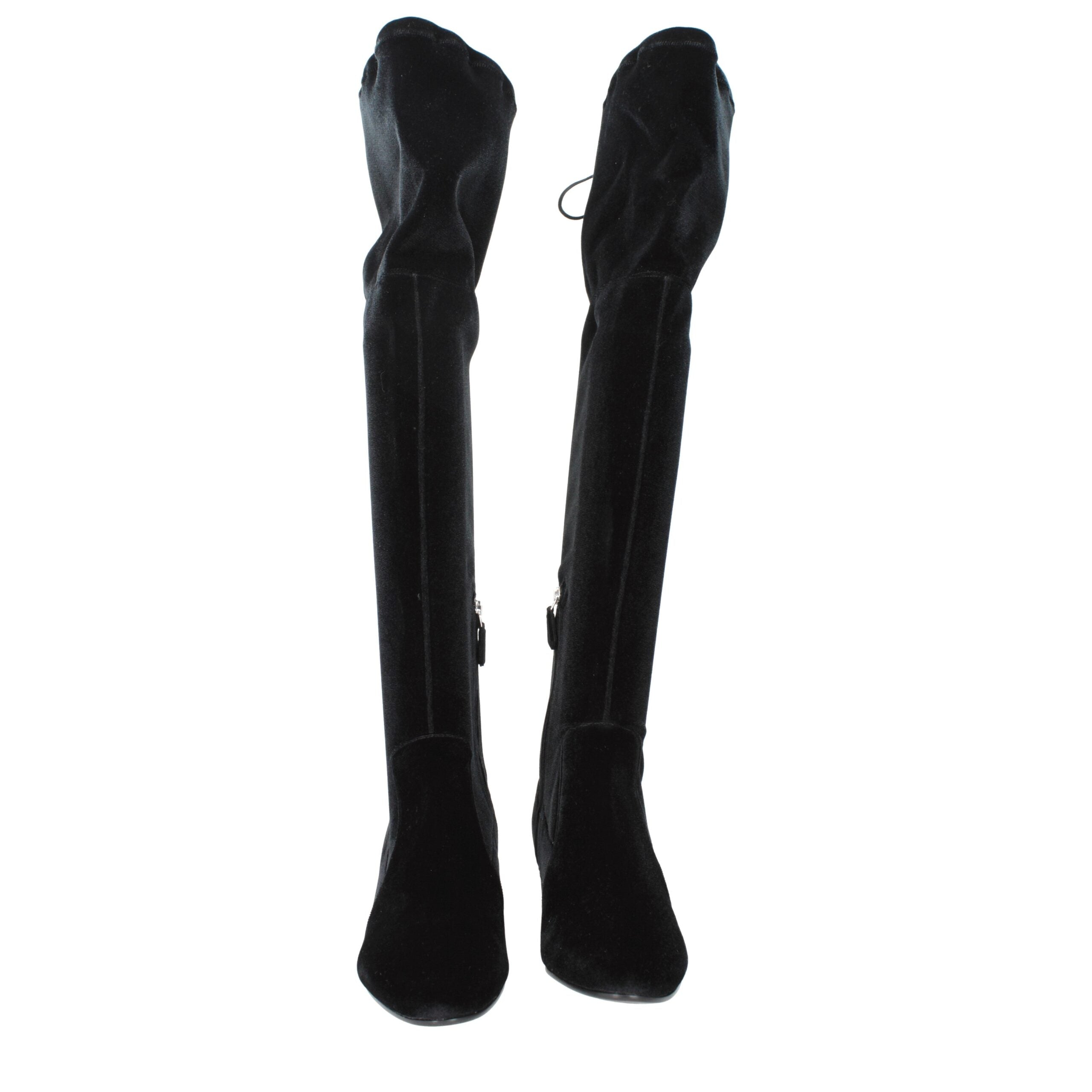 Prada Stivali Over The Knee Neri in Velluto con Frange