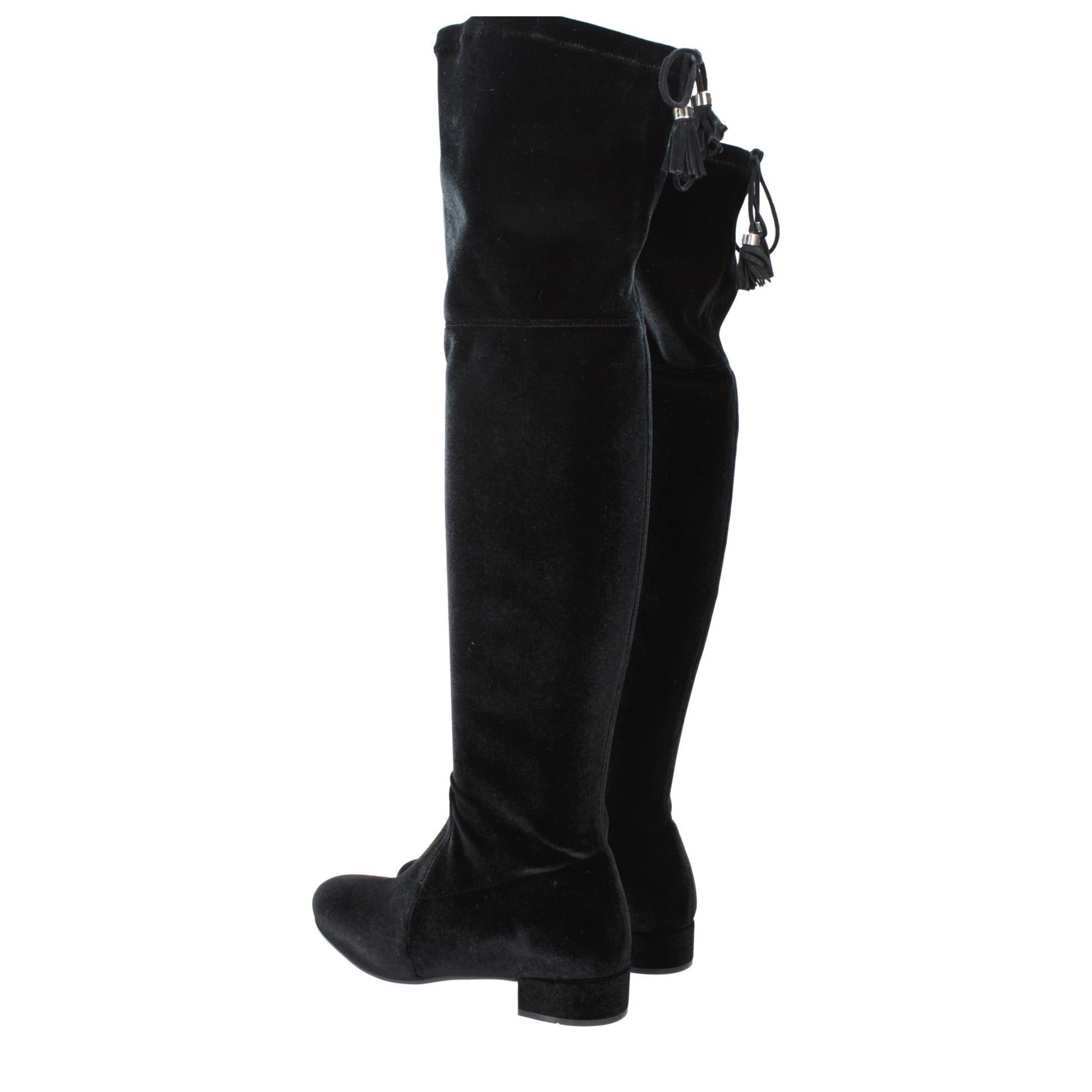 Prada Stivali Over The Knee Neri in Velluto con Frange