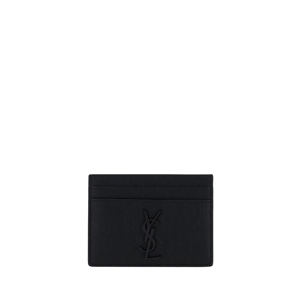 Saint Laurent Portacarte Nero in Pelle d'Agnello con Placca Logo